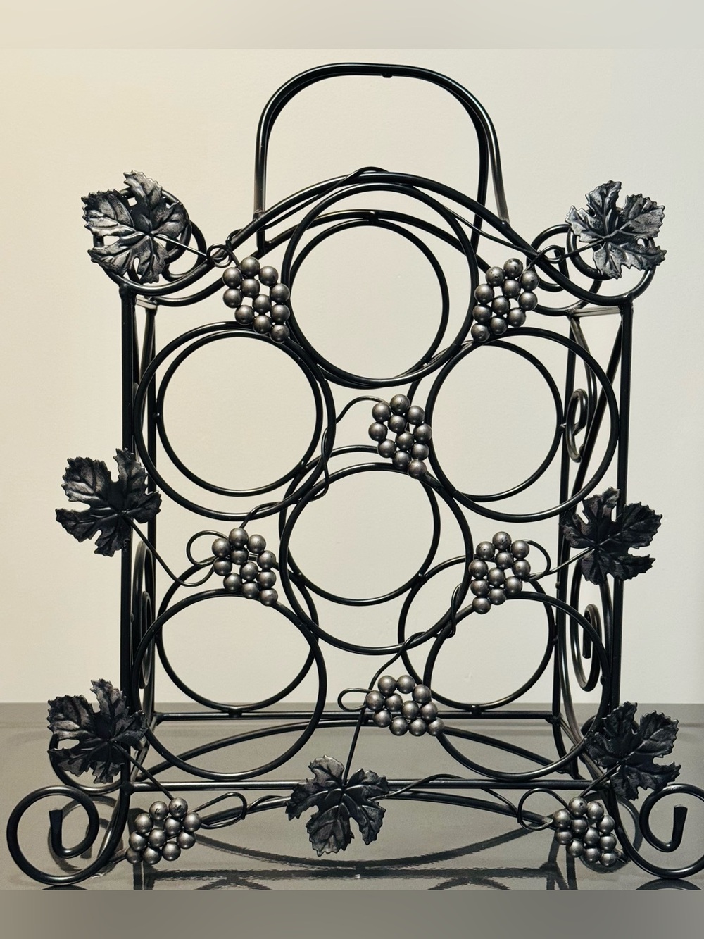 Black Metal Vintage Wine Rack with Silver Grape Accents
